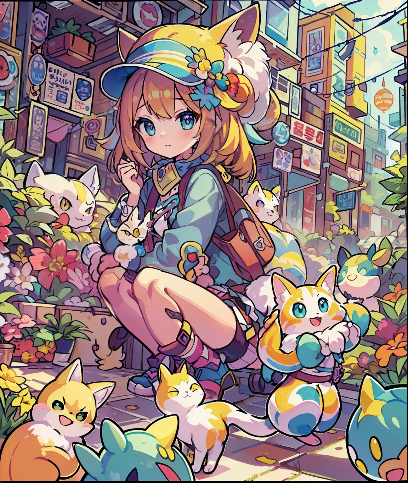 1girl in,A pokémon_The card,(top-quality), (high_quality), (Convoluted_Details), (ultra-detailliert), (illustratio), (Distinct_image),saito_naoki,city scenery、Rainbow View、With cats（（Cute cat１.５））