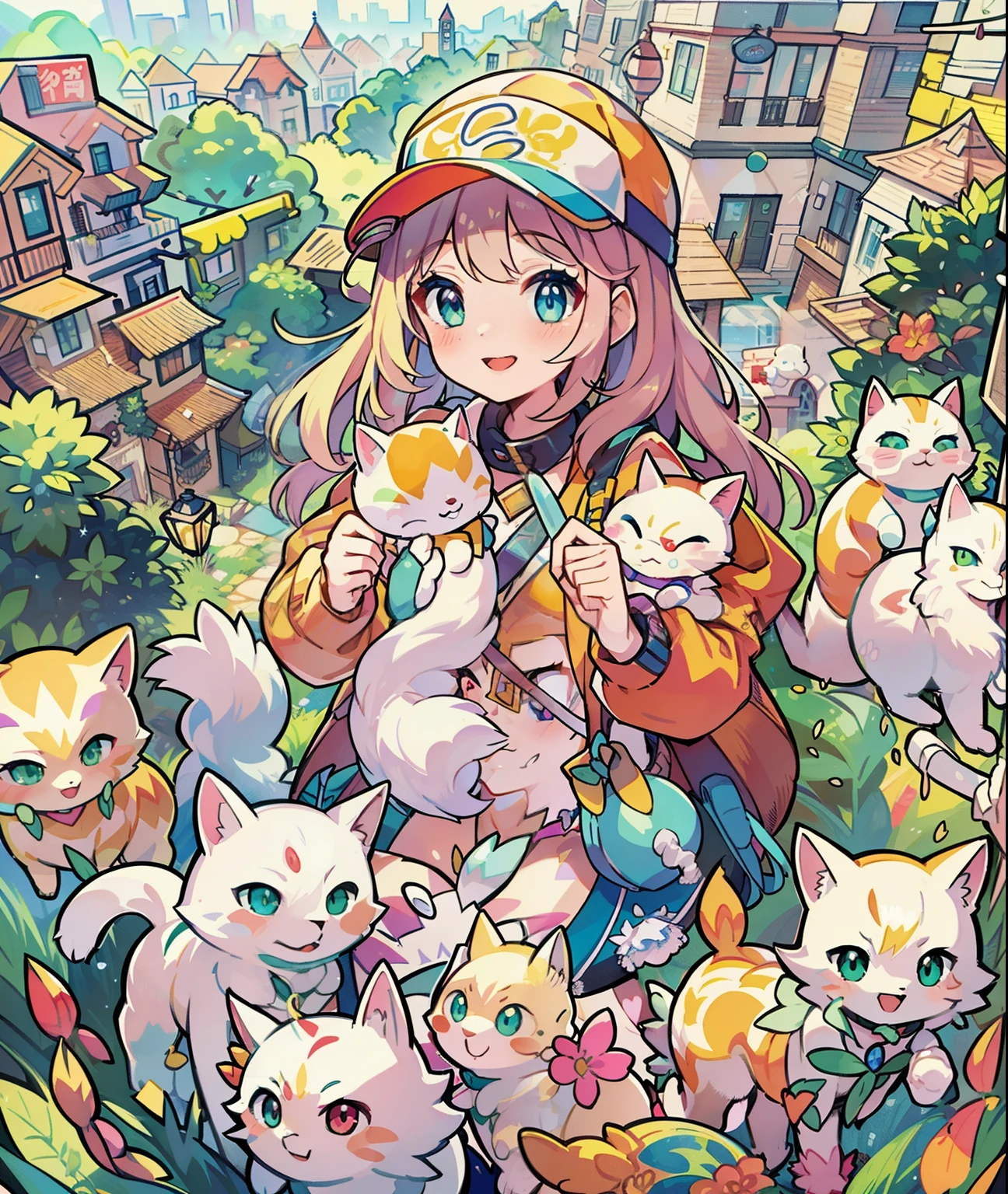 1girl in,A pokémon_The card,(top-quality), (high_quality), (Convoluted_Details), (ultra-detailliert), (illustratio), (Distinct_image),saito_naoki,city scenery、Rainbow View、With cats（（Cute cat１.５））