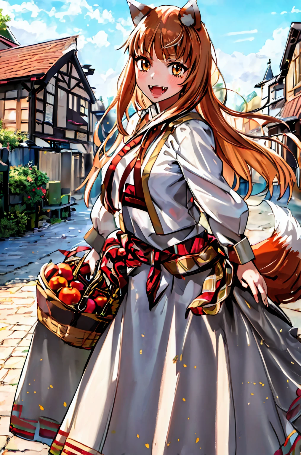 (holo:1.5), (holoBrownDress:1.5), masterpiece, best quality, absurdres, 1girl, looking at viewer, standing, cowboy shot, outdoors, medieval, cobblestone street, town, pouch, sash, smile, fruit, apple, basket,big breast, curvy, silver hair, white hair, full body, flipflops,open mouth smile, fangs,