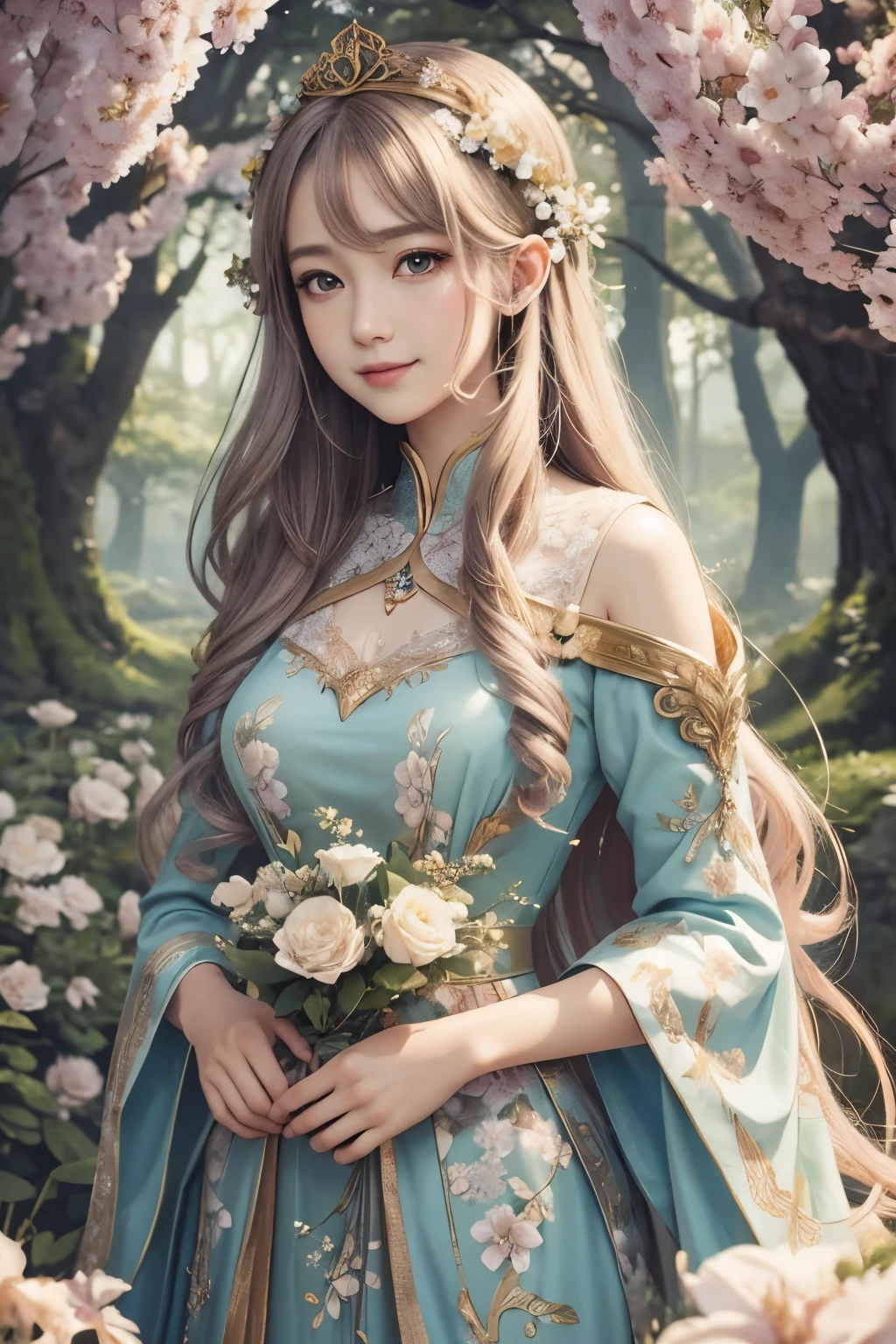 high quality，masterpiece，delicate features，delicate hair，delicate eyes，delicate hair，animemanga girl，Floral, dreamy style, fantastic flower garden, fantasy style clothing, romantic dress, Beautiful angel queen and elegant, beautiful fantasy empress, fantasy art style, beautiful fantasy empress, anime fantasy illustration, shrine maiden, Faye Queen of the Summer Forest, anime art nouveau, goddess of the forest, angel queen portrait, beautiful illustration of art，8Khigh qualityの緻密なアート（delicate features 細い髪の表現 最high quality masterpiece masterpiece 完成度の高さ 雰囲気感 壁紙，masterpiece，best quality，super detailed、Smiling Angel、Full of heart、wings grow from the back,、long eyelashes、happy face