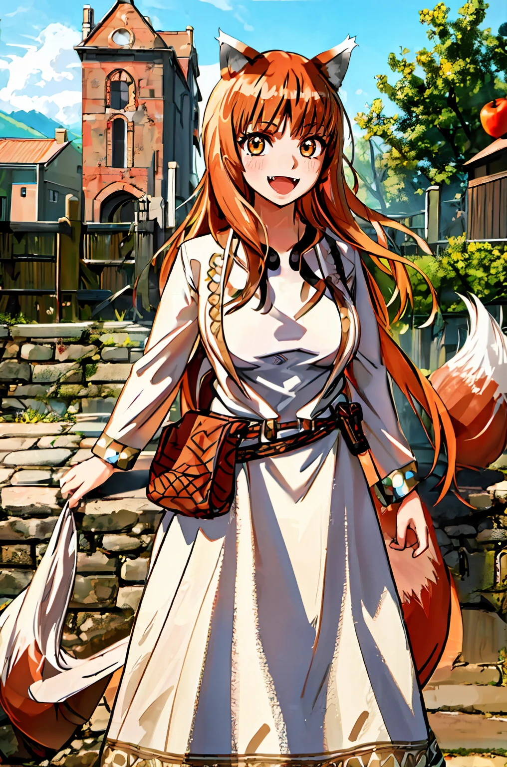(holo:1.5), (holoBrownDress:1.5), masterpiece, best quality, absurdres, 1girl, looking at viewer, standing, cowboy shot, outdoors, medieval, cobblestone street, town, pouch, sash, smile, fruit, apple, basket,big breast, curvy, silver hair, white hair, full body, flipflops,open mouth smile, fangs,