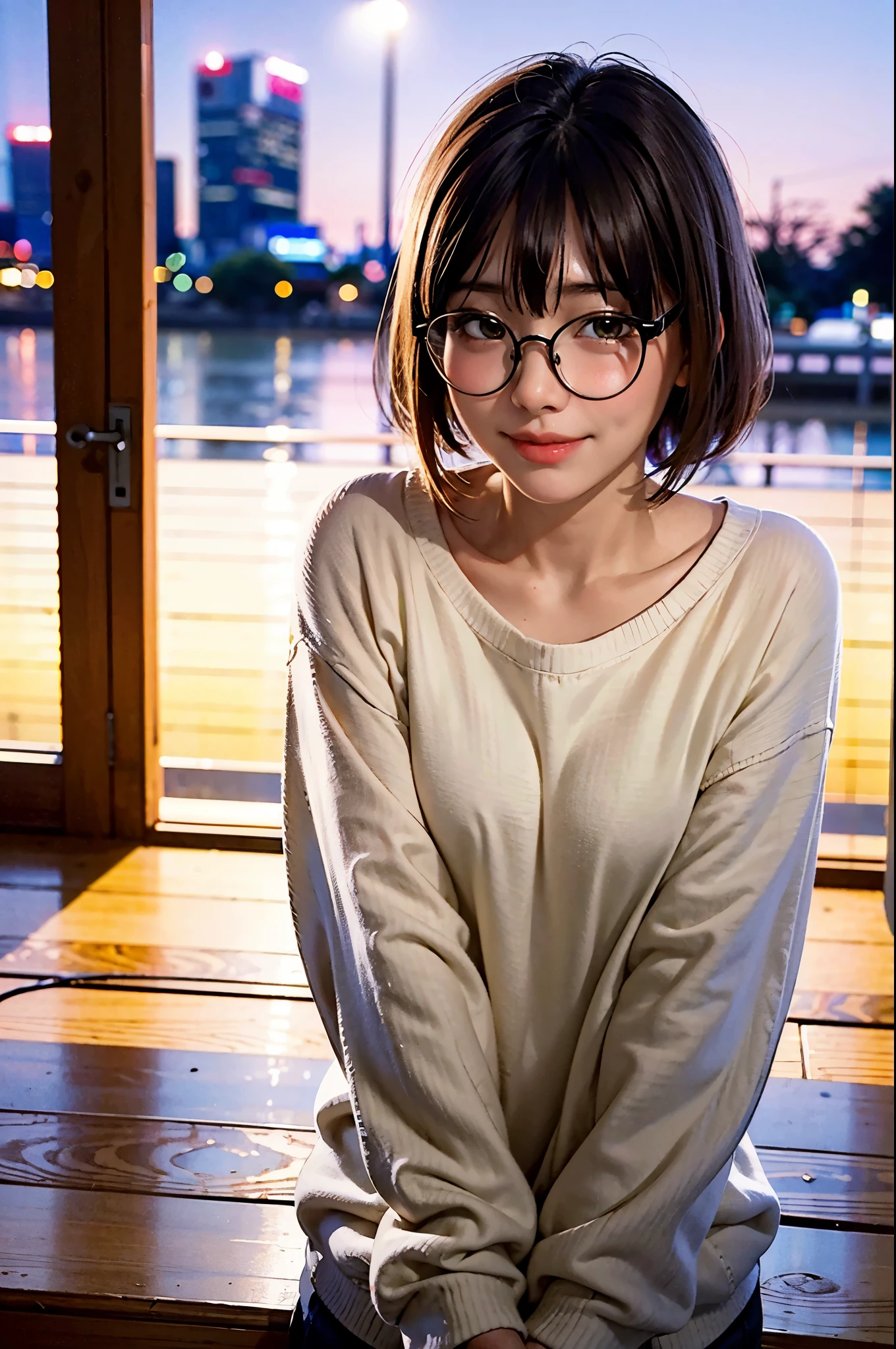 Japan girls in casual clothes、pay attention to your audience、Tokyo cityscape at night、(highest quality、master masterpiece)))、HD Fine、very detailed、master masterpiece、movie lighting、(8K、highest quality、master masterpiece:1.2)、(realistic、Photoreal:1.37) high resolution、Super detailed、woman wearing glasses、Silent look、round glasses、Asian, cute, cute顔, alone, short hair 1.2, rough skin, Beautiful smile, Beautiful and detailed night sky, night scenery, movie lighting, Depth of bounds written, lens flare light、date、(blush your nose)、、(closed your mouth)small breasts、Beautiful eye for detail、(sweater:1.1)、floating hair nova frog style