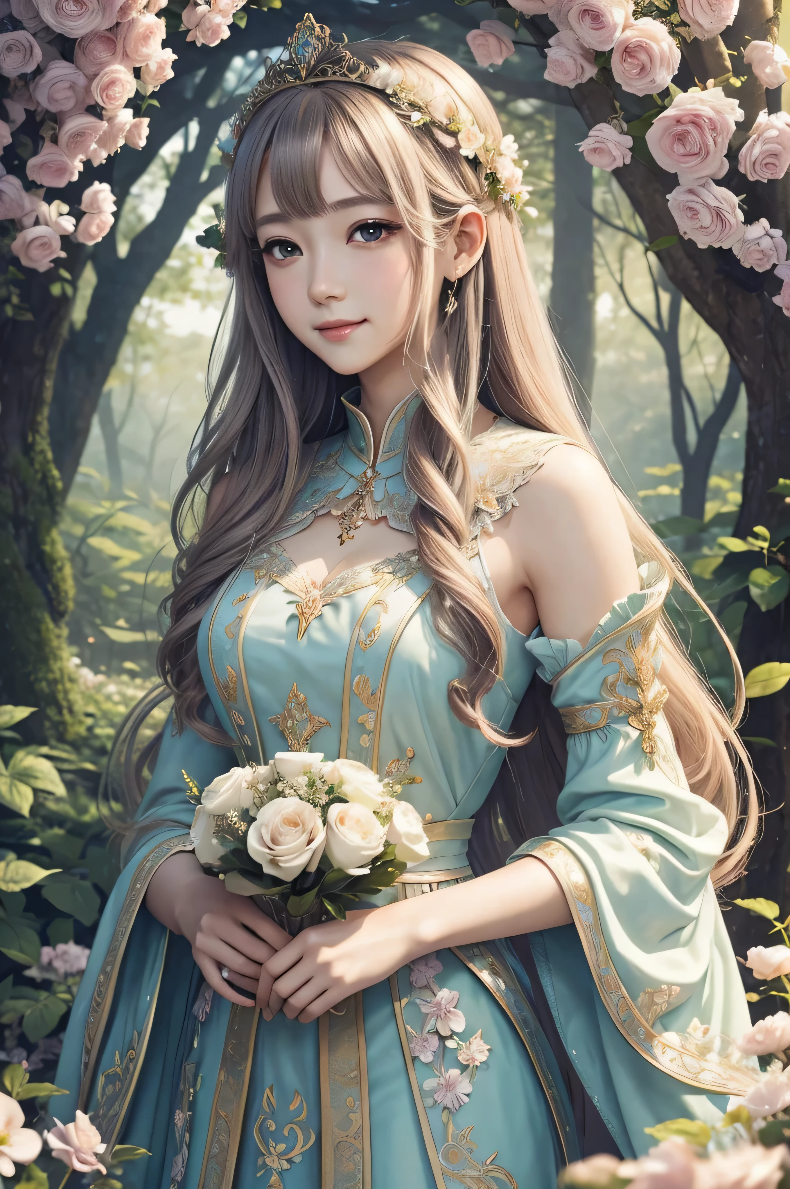 high quality，masterpiece，delicate features，delicate hair，delicate eyes，delicate hair，anime manga girl，Floral, dreamy style, fantastic flower garden, fantasy style clothing, romantic dress, Beautiful angel queen and elegant, beautiful fantasy empress, fantasy art style, beautiful fantasy empress, anime fantasy illustration, shrine maiden, Faye Queen of the Summer Forest, anime art nouveau, goddess of the forest, angel queen portrait, beautiful illustration of art，8Khigh qualityの緻密なアート（delicate features 細い髪の表現 最high quality masterpiece masterpiece 完成度の高さ 雰囲気感 壁紙，masterpiece，最high quality，Super detailed、Smiling Angel、Full of heart、Wings from behindが生えている、long eyelashes、smile、Wedding dress、Wings from behind