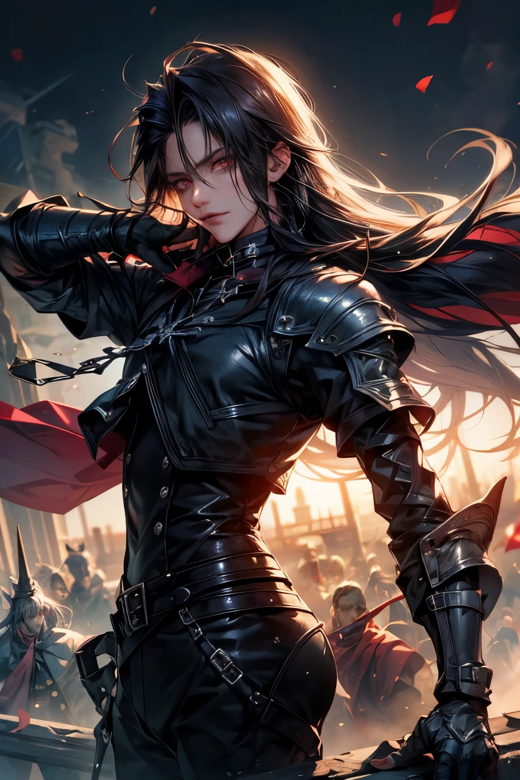(absurdities, High Resolutions, ultra detailed, HDR), Masterpiece, (((man)))  ((masculine))) The best quality, final fantasy vii, vincent valentine, 1man only, handsome, wide, black hair, vibrant red eyes, fine eyes and detailed face, armor, ((Intricate weapon)), Sitting on the throne, legs open, affected smile, annoying. Final Fantasy, abs, badass pose, Anime boy on a bed with his hands on his head, Beautiful anime pose, Anime hombre handsome, anime male character, Badass Anime 8K, Detailed anime character art, HDR Anime MacManus Anime Concept, anime boy, Ikuto Yamashita, CG anime soft art, manga wallpaper 4k, inspired by Yamagata Hiro, anime wallaper