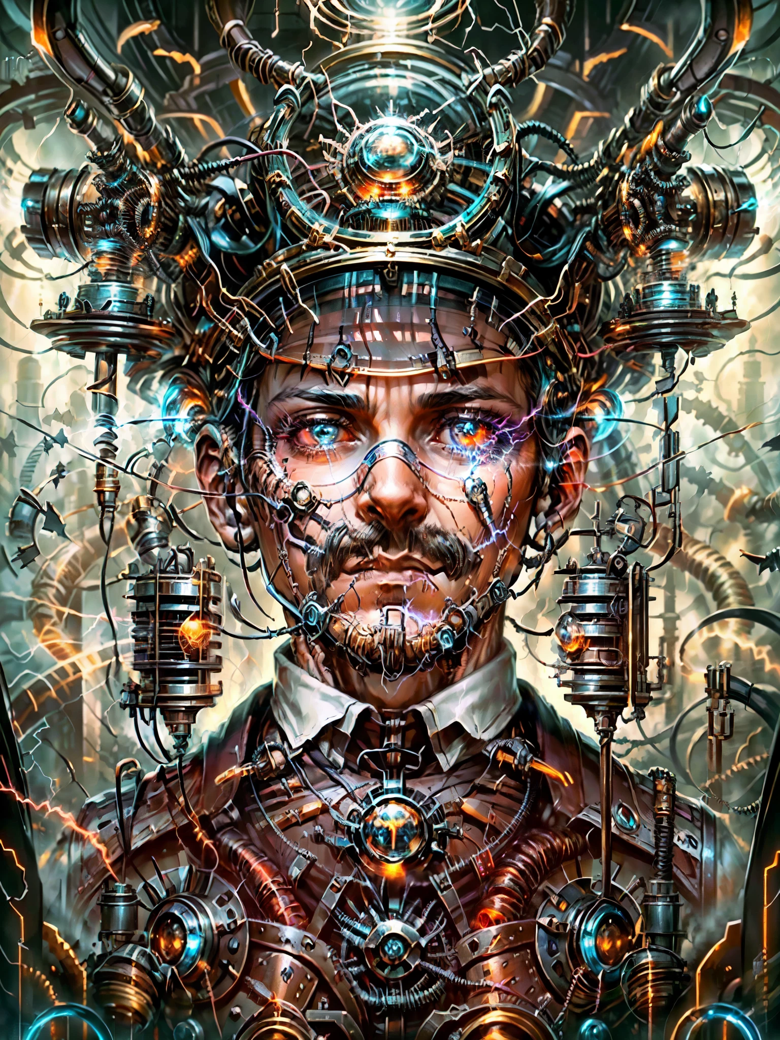 A portrait of Nikola Tesla as a cyborg with a 20th-century technology theme. The artwork depicts Tesla with a mechanical quarter of his face, showcasing his incredible legacy and contributions to science. The mechanical part should be highly detailed and visually striking, highlighting the merging of human and machine elements.

The portrait should focus on the face, specifically emphasizing the eyes, nose, and lips of Nikola Tesla. The eyes should be beautifully detailed, capturing the intelligence and intensity associated with the renowned inventor. The lips should also be beautifully detailed, adding a touch of humanity to the mechanical composition.

The artwork should showcase a mechanical arm, highlighting Tesla's connection to advanced technology. The arm should be intricately designed, incorporating gears, wires, and other mechanical elements. It should be visually awe-inspiring, demonstrating the power and precision of Tesla's creations.

To further enhance the portrayal, a lightning bolt should emanate from Tesla's hand, symbolizing his mastery over electricity. The lightning should be realistic, visually striking, and add a dynamic element to the composition.

One of the mechanical eyes should be prominently featured, emitting a red glow. This detail emphasizes the cyborg aspect of the portrait and adds an element of intrigue and futuristic technology.

The overall image quality should be of the highest standard, with a focus on achieving a 4k or 8k resolution. The level of detail should be ultra-detailed and realistic, capturing every nuance of Tesla's face and the mechanical components. The lighting should be carefully crafted, utilizing studio lighting techniques to enhance the depth and realism of the artwork.

The artistic style of the portrait should be a fusion of a traditional portrait and a futuristic aesthetic. The composition should be realistic and photorealistic while incorporating elements of sci-fi and concept art. This combination will create a unique and captivating representation of Nikola Tesla as a cyborg.

In terms of color, the artwork should have a cool-toned palette, emphasizing shades of silver, gray, and metallic colors. This color scheme will further accentuate the mechanical elements and add a futuristic atmosphere to the portrait.

Overall, the prompt should convey the concept of a high-quality, ultra-detailed portrait of Nikola Tesla as a cyborg, showcasing a fusion of 20th-century technology and human ingenuity.