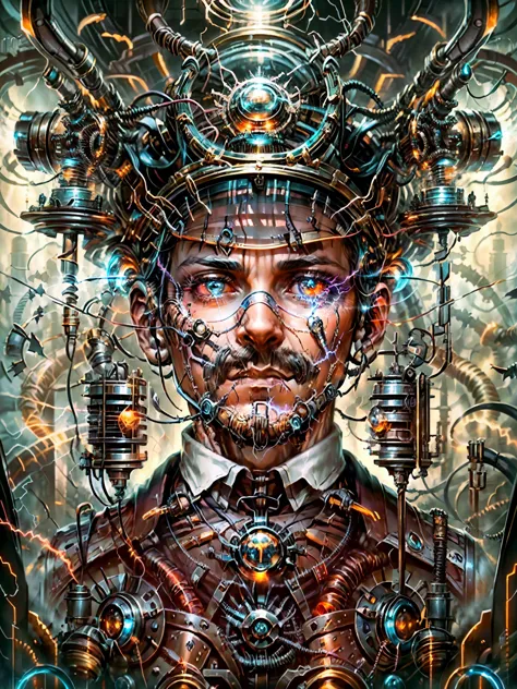 a portrait of nikola tesla as a cyborg with a 20th-century technology theme. the artwork depicts tesla with a mechanical quarter...