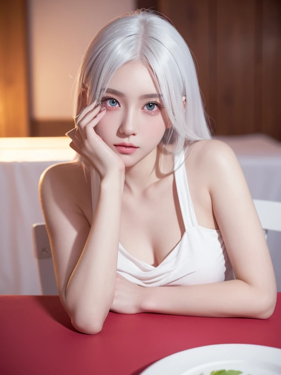 Be a girl with pink skin, beautiful eyes (red eyes) as deep as the night sky, Half sad face lying on the table, white hair, looking at you, With anime/Semi-realistic art style