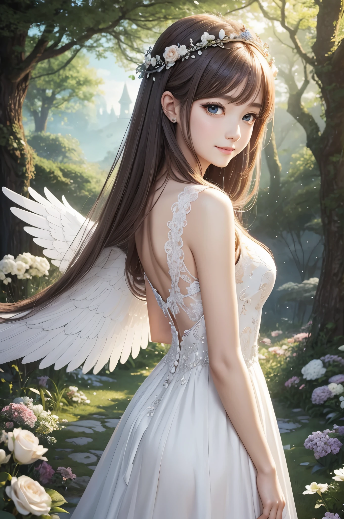 high quality，masterpiece，delicate features，delicate hair，delicate eyes，delicate hair，animemanga girl，Floral, dreamy style, fantastic flower garden, fantasy style clothing, romantic dress, Beautiful angel queen and elegant, beautiful fantasy empress, fantasy art style, beautiful fantasy empress, anime fantasy illustration, shrine maiden, Faye Queen of the Summer Forest, anime art nouveau, goddess of the forest, angel queen portrait, beautiful illustration of art，8Khigh qualityの緻密なアート（delicate features 細い髪の表現 最high quality masterpiece masterpiece 完成度の高さ 雰囲気感 壁紙，masterpiece，best quality，super detailed、Smiling Angel、Full of heart、Wings from the backが生えている、long eyelashes、happy face、Wedding dress、Wings from the back、She&#39;s an angel so she has wings