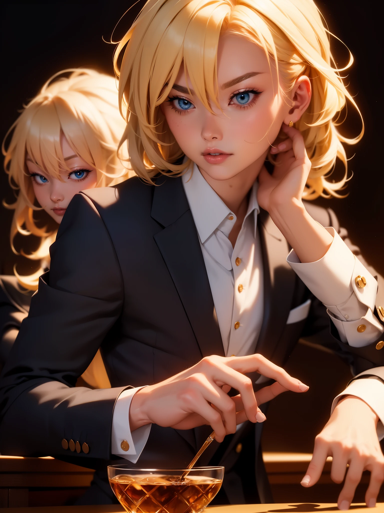 Blonde man, elegant scum, suit, psychology master, flirtatious attitude, sitting at the bar, drinking whiskey, Japanese animation style, black background 