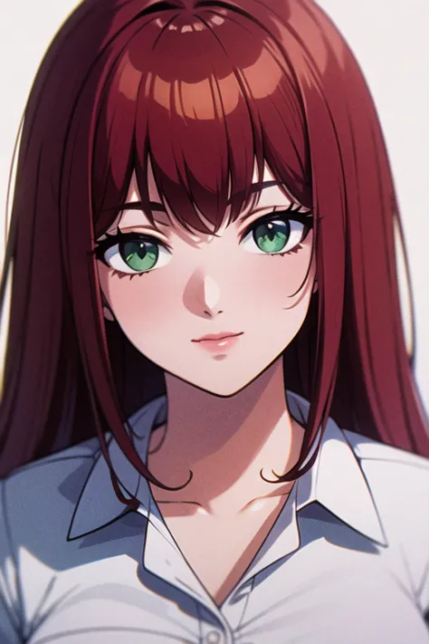((best quality)), ((masterpiece)), (detailed), perfect face, woman wearing office clothes, red hair, long hair, green eyes,