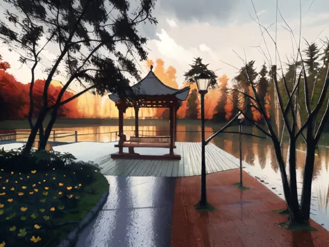 masterpiece，high detail，The scene after the rain，The rain just stopped，evening，The light is a little dim，There is a pavilion in ...