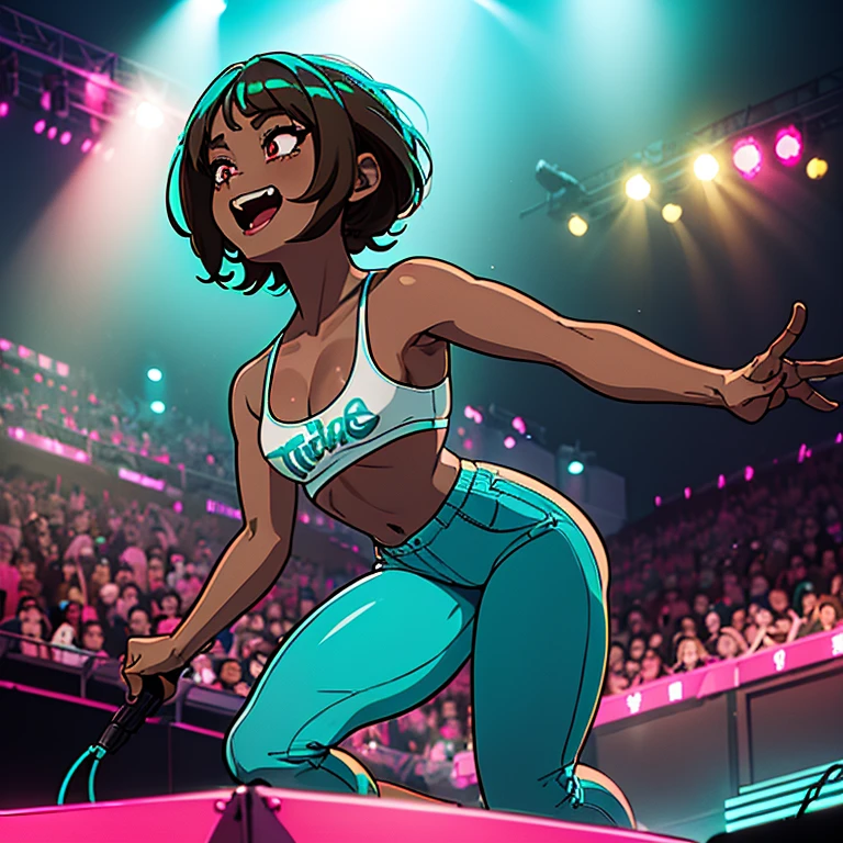 ((masterpiece)), high quality, best quality, beautiful, hd, perfect lighting, detailed face, detailed body, 1 girl, solo, full body view, wide angle, ((dark brown skin:1.3)), ((turquoise hair:1.3)), (pink eyes, small breasts), singing, on stage, microphone in hand, music festival, rapping, concert, wearing tank top and some tight pants, cheerful,