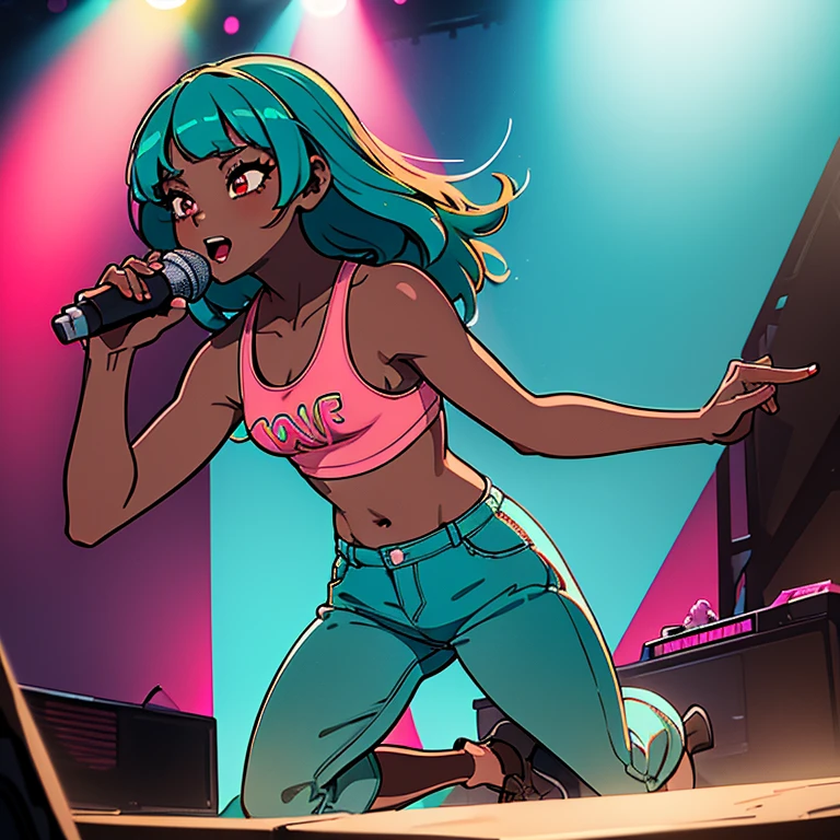 ((masterpiece)), high quality, best quality, beautiful, hd, perfect lighting, detailed face, detailed body, 1 girl, solo, full body view, wide angle, ((dark brown skin:1.3)), ((turquoise hair:1.3)), (pink eyes, small breasts), singing, on stage, microphone in hand, music festival, rapping, concert, wearing tank top and some tight pants, cheerful,