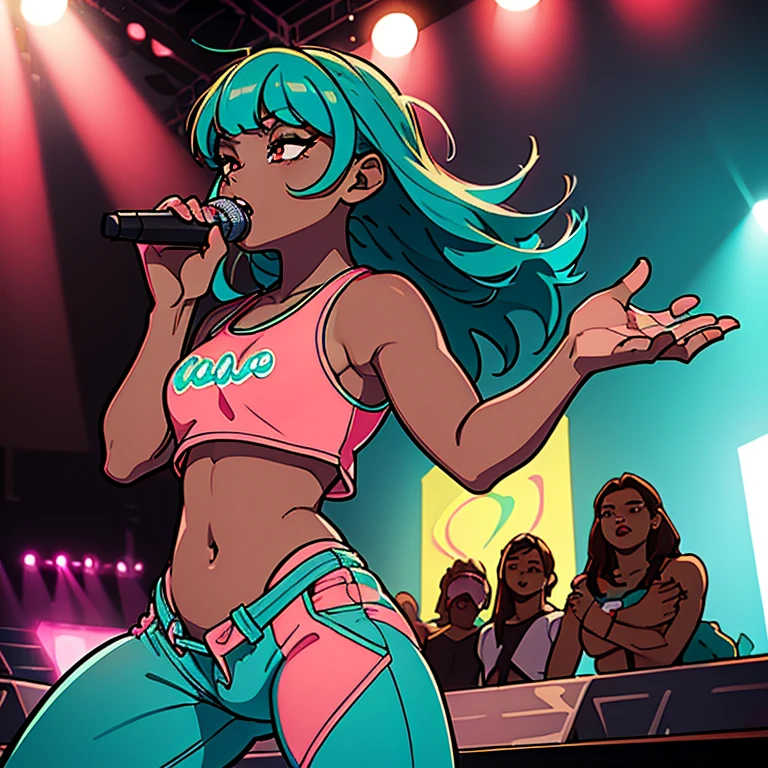 ((masterpiece)), high quality, best quality, beautiful, hd, perfect lighting, detailed face, detailed body, 1 girl, solo, full body view, wide angle, ((dark brown skin:1.3)), ((turquoise hair:1.3)), (pink eyes, small breasts), singing, on stage, microphone in hand, music festival, rapping, concert, wearing tank top and some tight pants, cheerful,