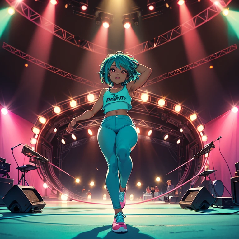 ((masterpiece)), high quality, best quality, beautiful, hd, perfect lighting, detailed face, detailed body, 1 girl, solo, full body view, wide angle, ((dark brown skin:1.3)), ((turquoise hair:1.3)), (pink eyes, small breasts), singing, on stage, microphone in hand, music festival, rapping, concert, wearing tank top and some tight pants, cheerful,