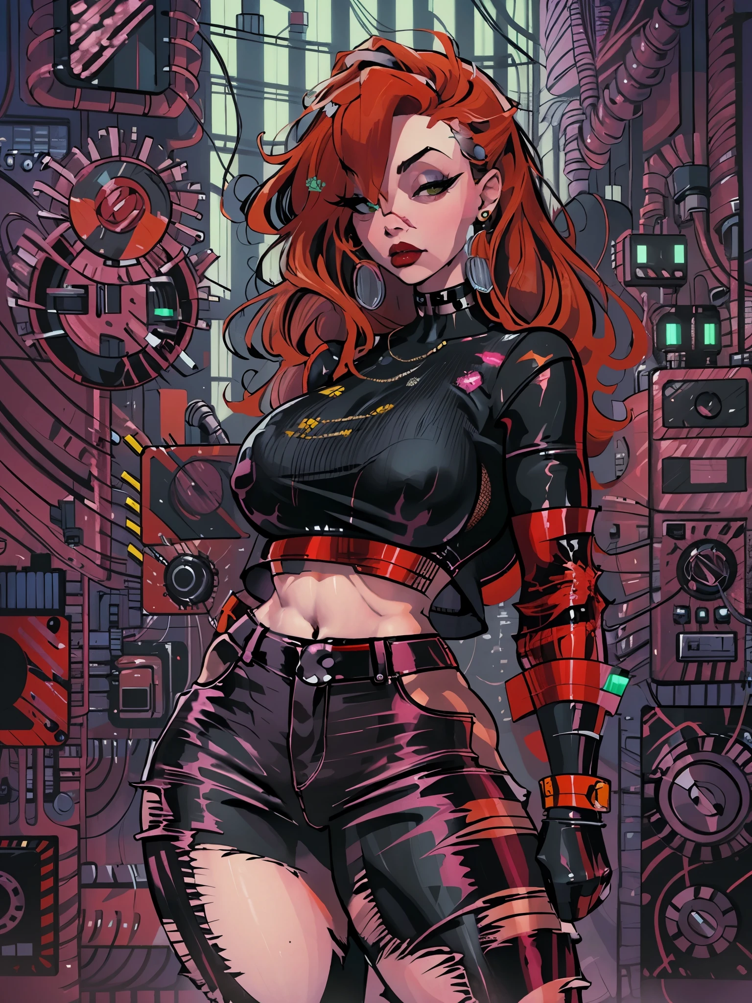 a woman with red hair wearing a black top and plaid pants, cyberpunk art, gothic art, aesthetic cute with flutter, toon aesthetic, wearing red attire, wearing gothic accessories, ((curvy body))