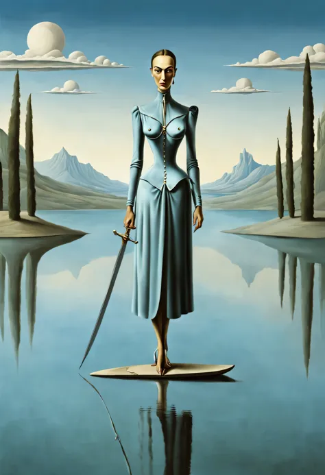 mulher emergindo de um lago com uma espada, estilo surrealista, obra de arte surrealista, Sonhe como, salvador dali, Highly deta...
