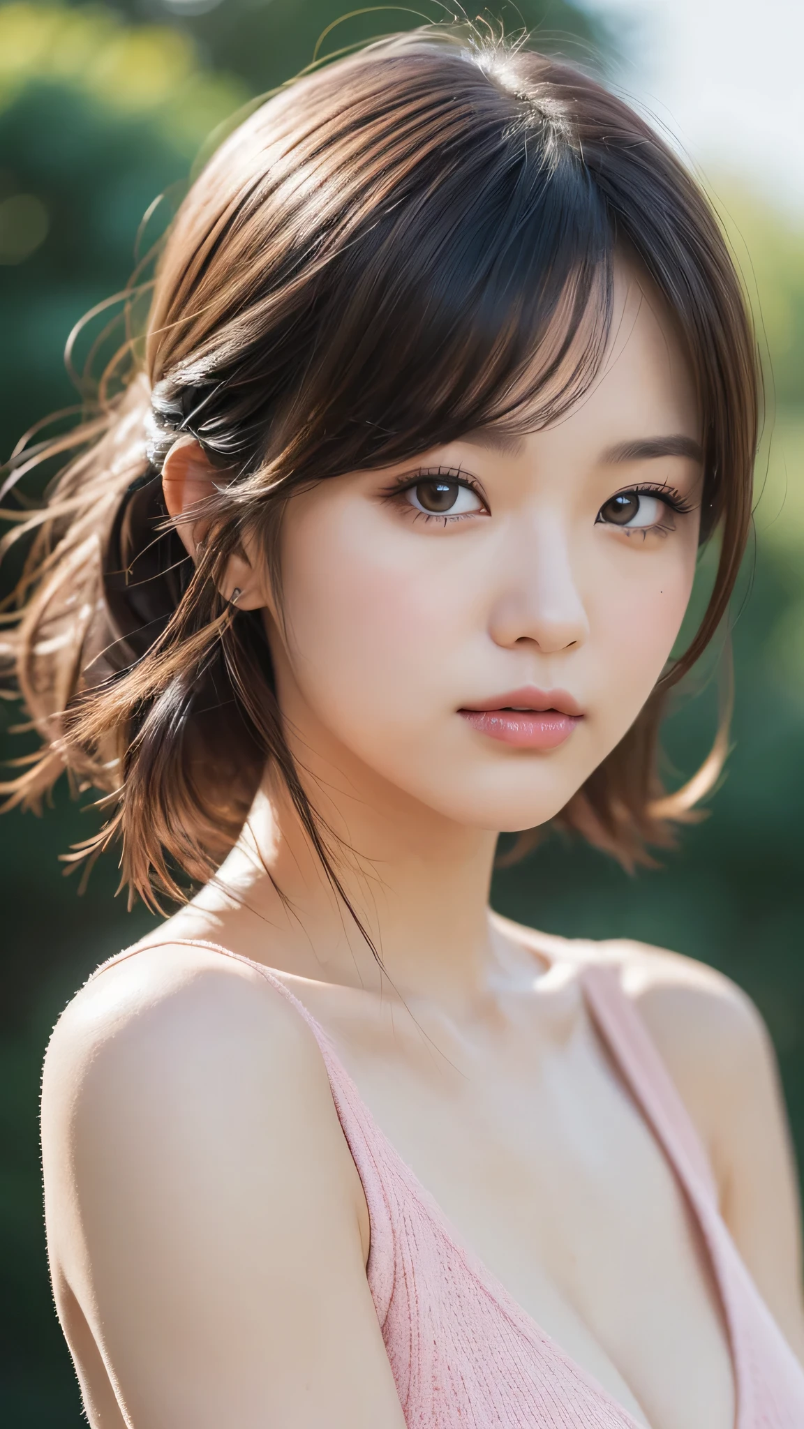 ((1girl)), Brown hair, Amazing face and eyes, Pink eyes, (amazingly beautiful girl), Brown hair, ((Best Quality)), (Ultra-detailed), (extremely detailed CG unified 8k wallpaper), Highly detailed, High-definition raw color photos, Professional Photography, (((Bokeh))), depth of fields,