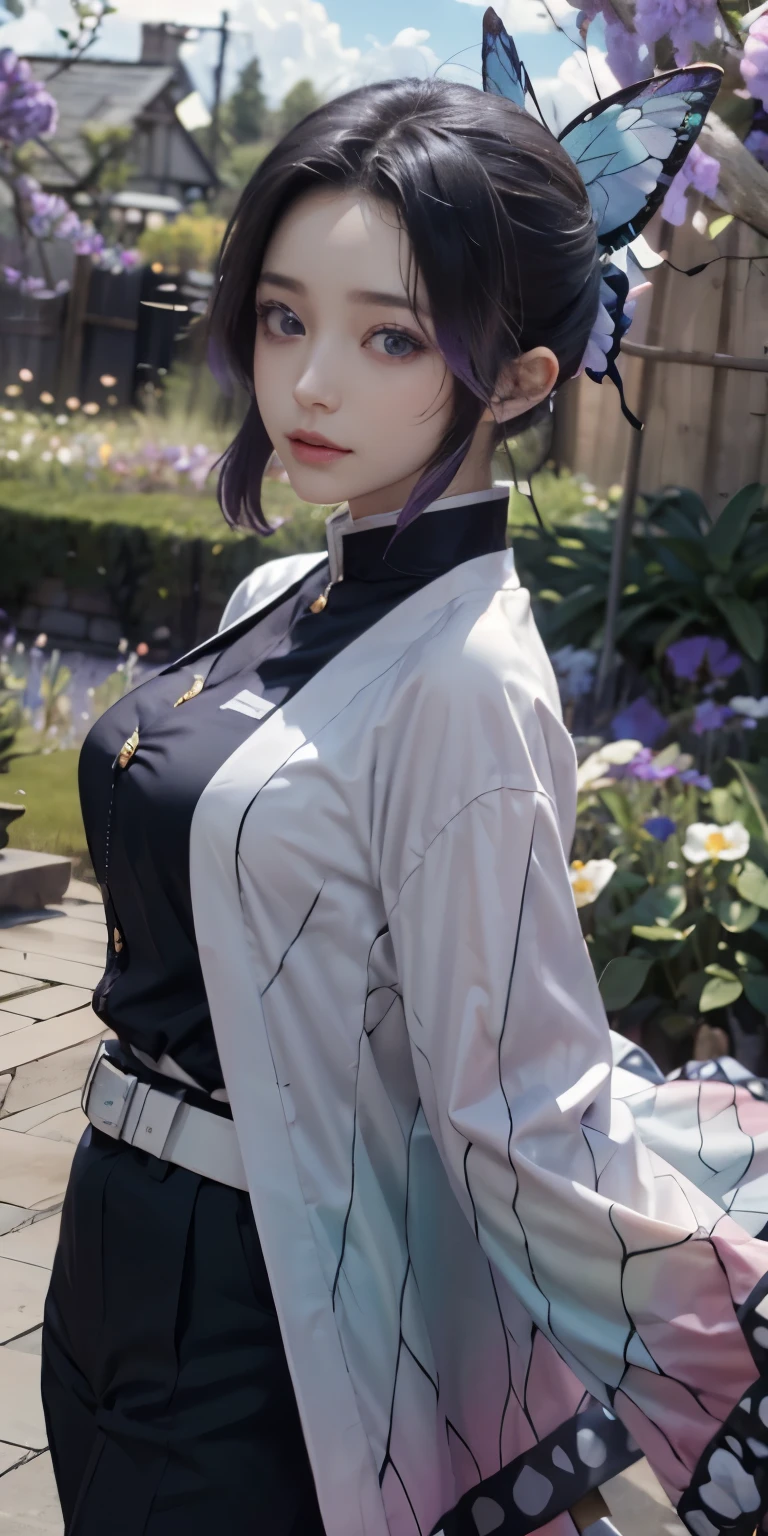 Ultra-realistic 8k CG,masterpiece,((super detailed background, delicate pattern, intricate details)),highest quality,very detailed face,very fine eyes and face,very fine eyes,Kocho Shinobu,colorful hair,No bangs,hair intake,purple eyes,amount,black shirt,black pants,Haori,butterfly,button,belt,(garden:1.2),purple flower,Little,cloudy null,sunlight,Tyndall effect,Slope_null,face,Gorgeous null,Waist saber,alluring posture,