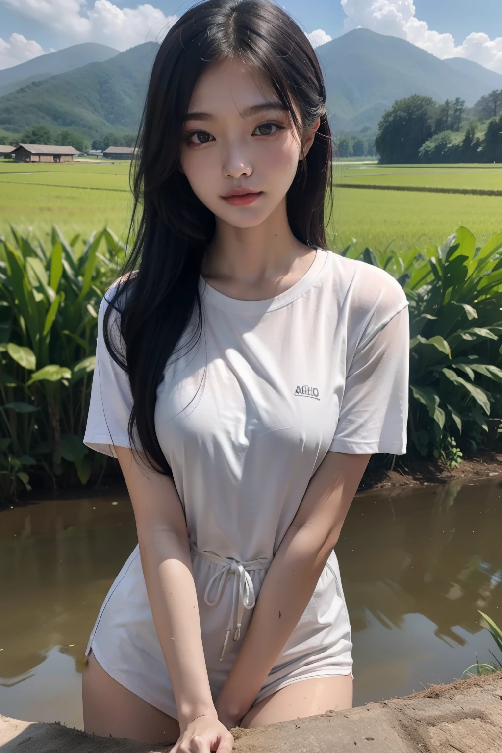 A woman in white shirt and shorts posing by a pond - SeaArt AI