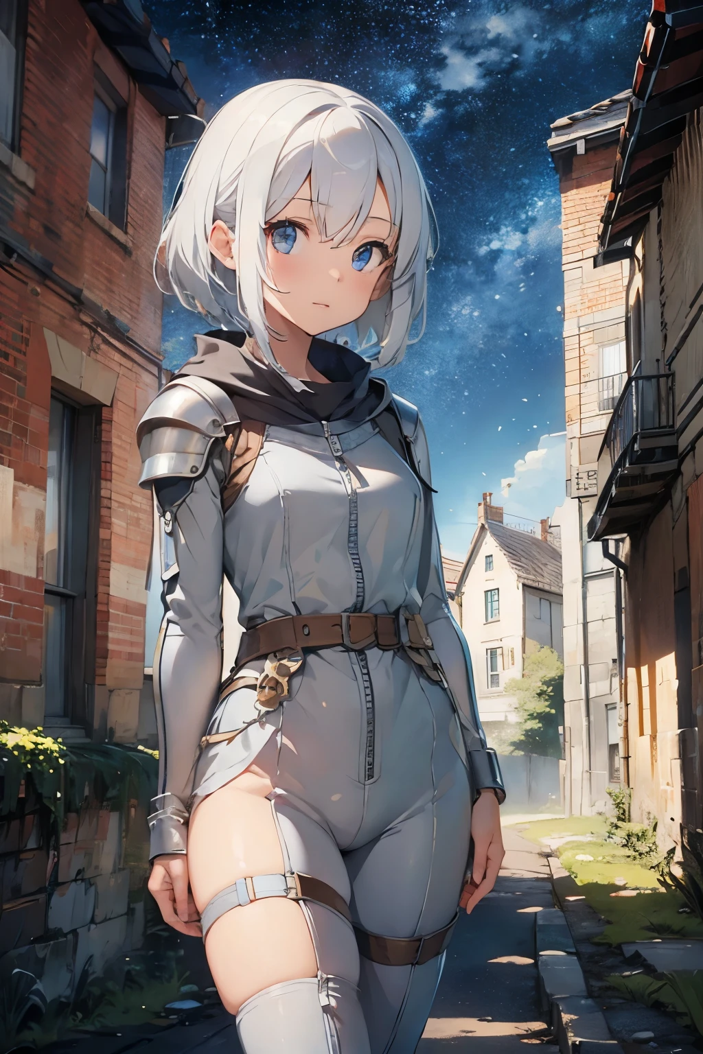 (((masterpiece))), (((best quality))), ((ultra-detailed)), (cinematic lighting), (illustration), (beautiful detailed eyes), (1girl), full body, space, knight, armour, light hair, walking, castle in distance, best quality, expressive eyes, perfect face, Girl: (20s, white hair, short hair, grey jumpsuit, blue and silver armour),