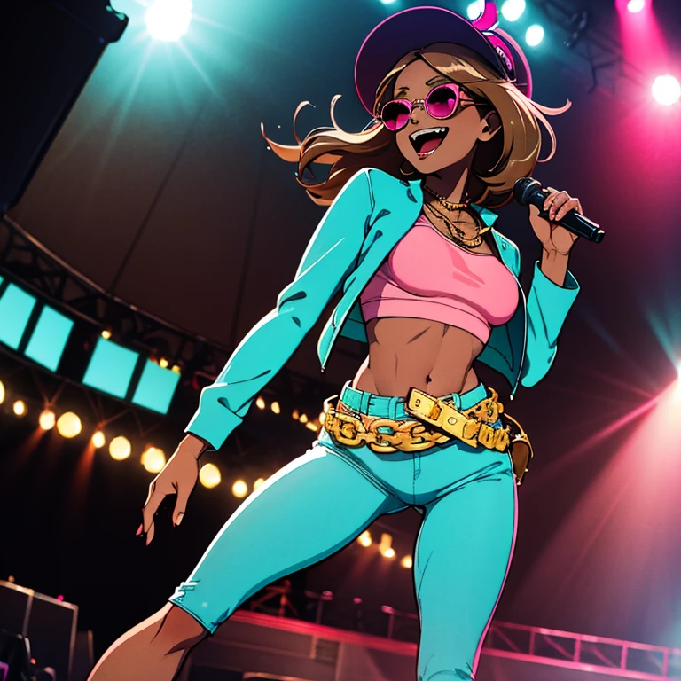 ((masterpiece)), high quality, best quality, beautiful, hd, perfect lighting, detailed face, detailed body, 1 girl, solo, full body view, wide angle, ((dark brown skin:1.3)), ((turquoise hair:1.3)), (pink eyes, small breasts), singing, on stage, microphone in hand, music festival, rapping, concert, wearing a pink jacket and some tight hot pants, gold chain, sunglasses, cheerful,