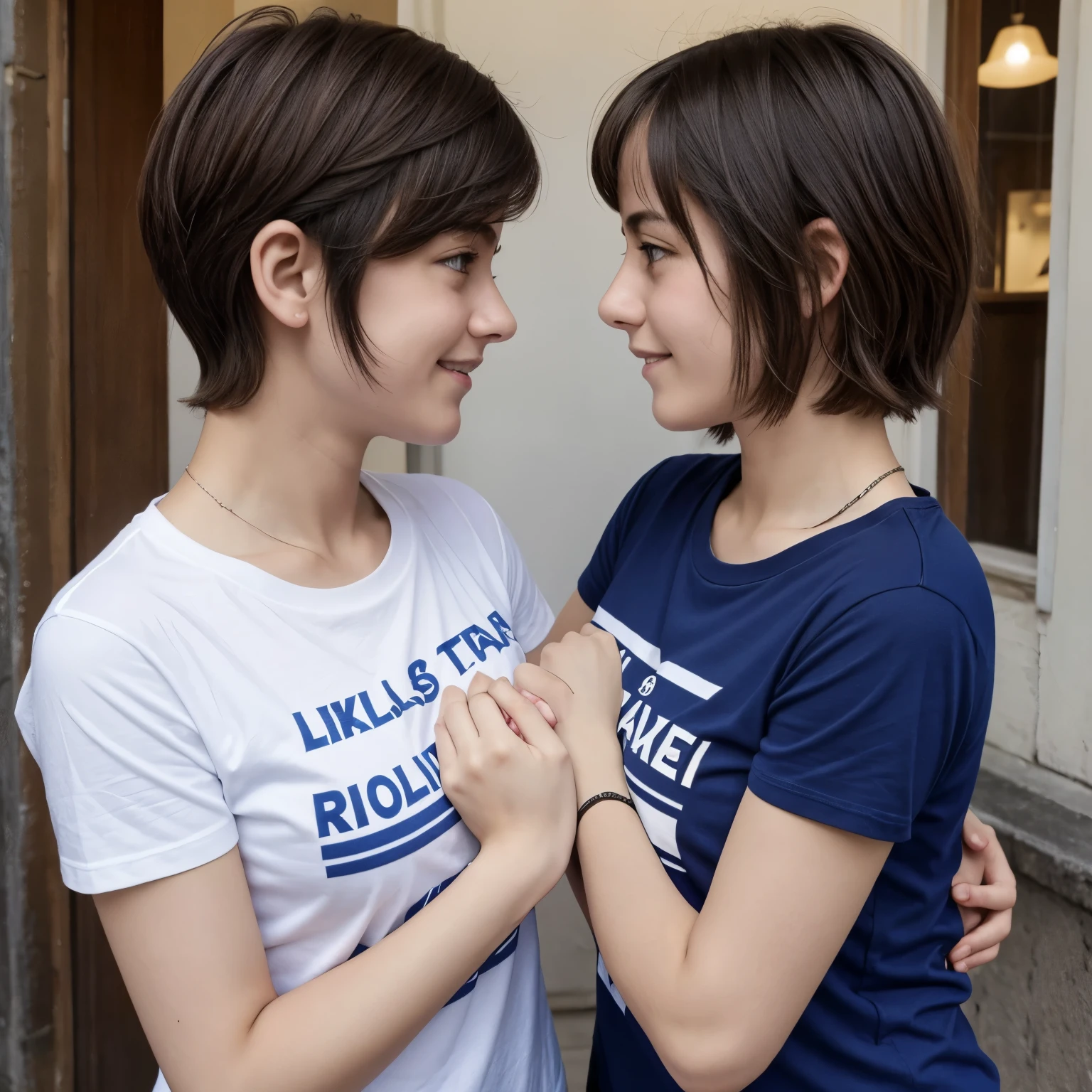 Two Lesbian european french 16 year old t-shirt short sleeves Woman tak on  hands arms Woman sex desir next to each other - SeaArt AI