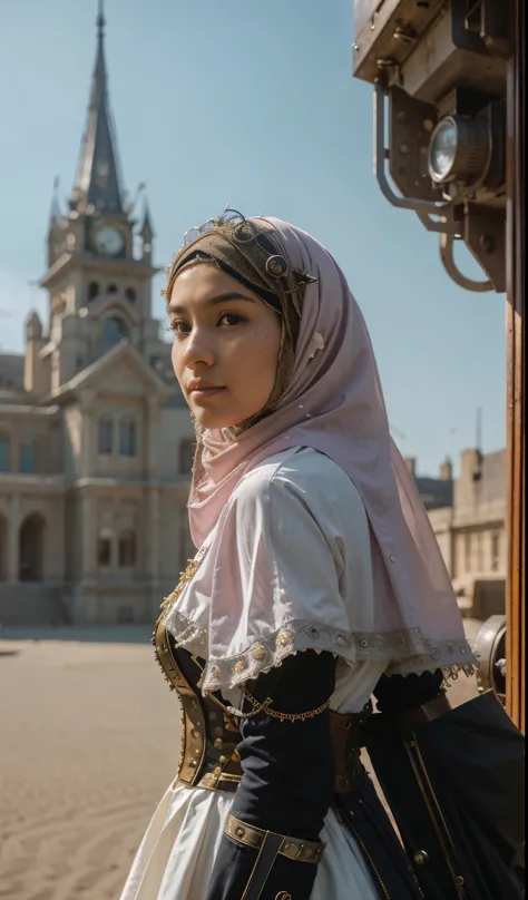 Craft a photorealistic scene of a Malay girl in hijab as an intrepid explorer in a steampunk world. Showcase intricate gears, Vi...