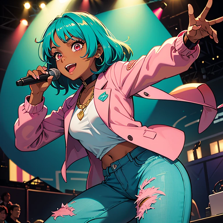 ((masterpiece)), high quality, best quality, beautiful, hd, perfect lighting, detailed face, detailed body, 1 girl, solo, full body view, wide angle, ((dark brown skin:1.3)), ((turquoise hair:1.3)), (pink eyes, small breasts), singing, on stage, microphone in hand, music festival, rapping, concert, wearing a pink jacket and some tight hot pants, gold chain, sunglasses, cheerful,