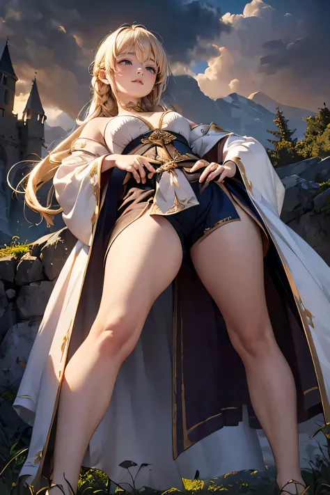 (drooping eyes, sleepy face, angle from below, realistic skin), (((bend her knees and lower her hips))), long thick braid, open legs, casual-dress, outside mountain, (medieval kingdom, long white robe with gold trim), ((dark hour of dawn)),