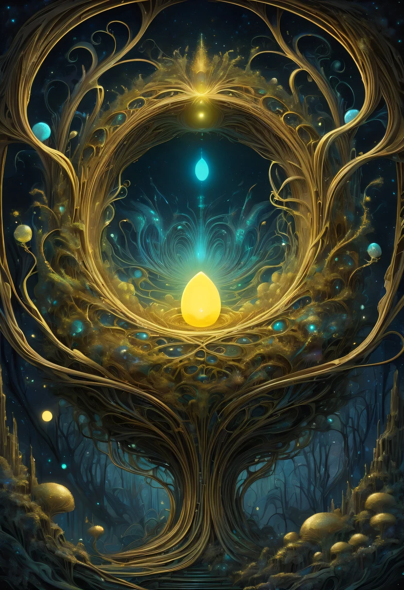 A magical golden nest from the abyss,Nest of alien life, Illumination of bioluminescent plants, The content is very detailed, Surrealism, 10k high resolution, Gouache style, scribble art, Glaslorne, Influenced by Art Nouveau, Given, and future, The Art of Lunar Encryption Wow,