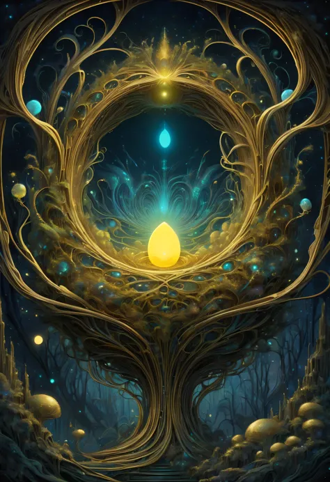 A magical golden nest from the abyss,Nest of alien life, Illumination of bioluminescent plants, The content is very detailed, Su...