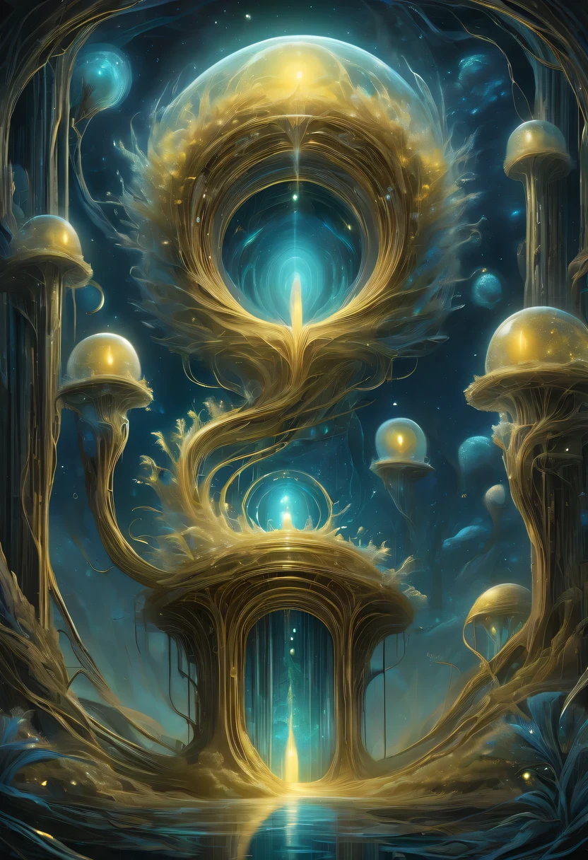 A magical golden nest from the abyss,Nest of alien life, Illumination of bioluminescent plants, The content is very detailed, Surrealism, 10k high resolution, Gouache style, scribble art, Glaslorne, Influenced by Art Nouveau, Given, and future, The Art of Lunar Encryption Wow,