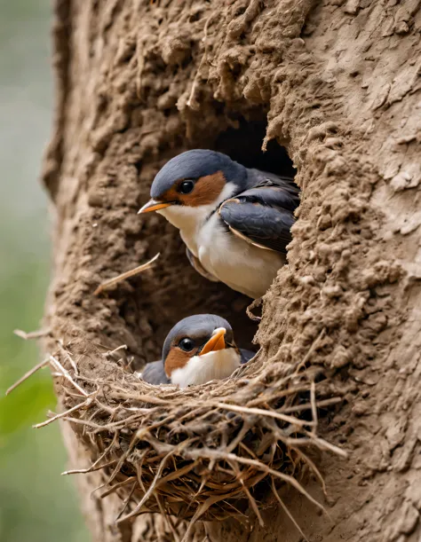 （Two little swallows fly and build a nest），Nests are often found in human dwellings.，in the gaps between bridges and other build...