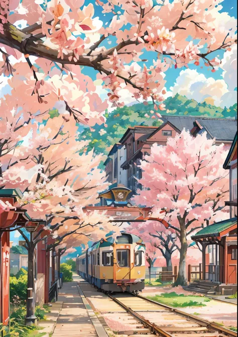 anime scenery of a train passing through a train station with cherry blossoms, beautiful anime scene, anime beautiful peace scen...