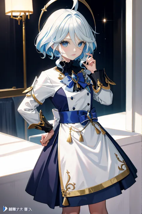 Furina  anime com cabelo branco e olhos azuis em um vestido branco, divindade de cabelos brancos, portrait knights of zodiac gir...