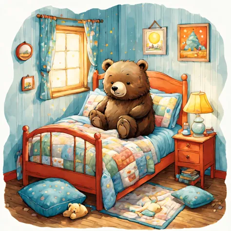 There is a teddy bear sitting on a bed in a room - SeaArt AI