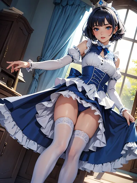 1 girl, Wearing a blue and white gown, frilled petticoat, stockings, exposed crotch, panties, long dress, arm sleeves, crown
