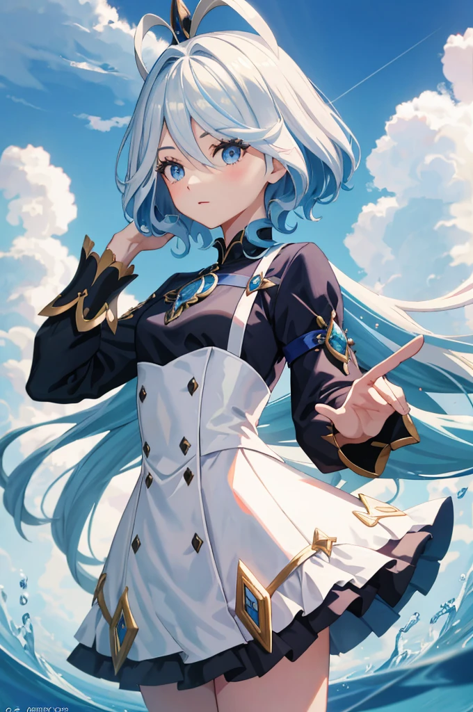 Furina  anime con pelo blanco e olhos azuis em um vestido branco, divindade de pelos blancos, retrato niña, chica anime con cabello cósmico, con pelo blanco, pelos blancos, Arte digital no Pixiv, Um retrato anime de Cirno, tendencia en artstation pixiv, perfeita de pelos blancos, pelos blancos, Un retrato de una furina de ojos azules.