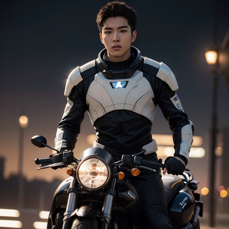fking_scifi, black pilot suit with yellow accents, brown hair (gray eyes: 1.35), Thai guy, handsome teenager, rides a cool motorcycle, bokeh, mass effect, long distance, fking_cinema_v2