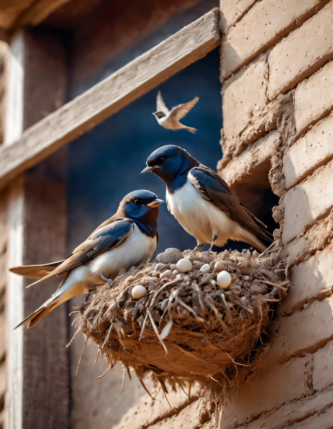 Solargram photography style, （Two little swallows fly and build a nest），The little swallow is busy picking up mud，The little mouth keeps opening and closing，The mud chunks picked up each time are not big..，Carefully place the mud blocks under the eaves，in the sun，The feathers of the little swallow shine with blue-black luster，Each piece is like a carefully polished gem，Exudes a charming light，
Nests are often found in human dwellings.，in the gaps between bridges and other buildings，Sometimes they also build nests in tree holes。The nest is mainly made of a mixture of mud and saliva，cup or disk，There are multiple chambers inside，Used for hatching eggs。The nest has a rough appearance，Color is gray or brown，It&#39;s smoother inside，The color is slightly lighter，background：White painted mud house