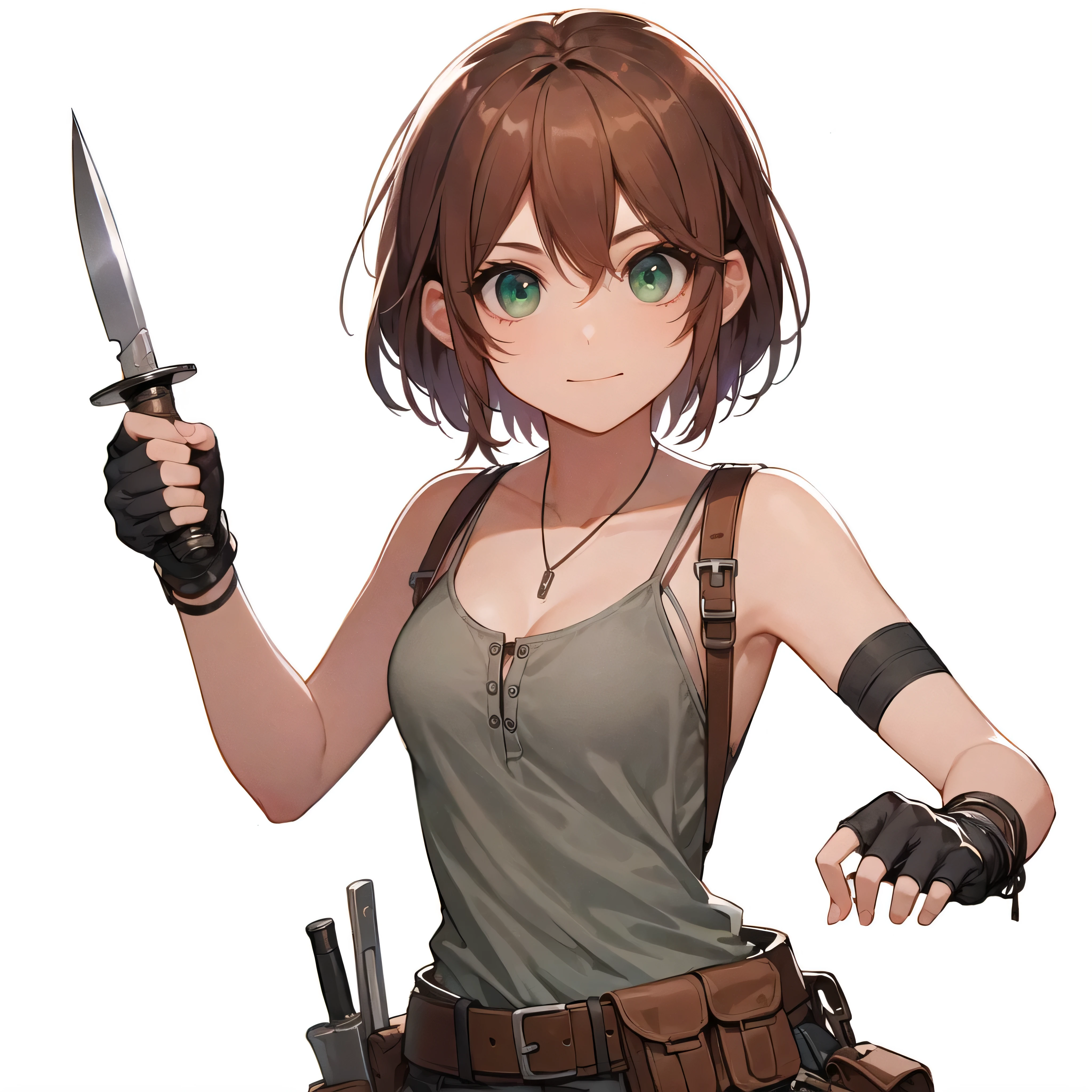 1 girl, , human, (thief:1.3), short brown hair, (half updo:1.3), (asymmetrical hair:1.3), wearing agile thief clothes with a tank top, wielding a dagger, average body, baby face, cute green eyes, BREAK flat high-quality illustration style, BREAK no background