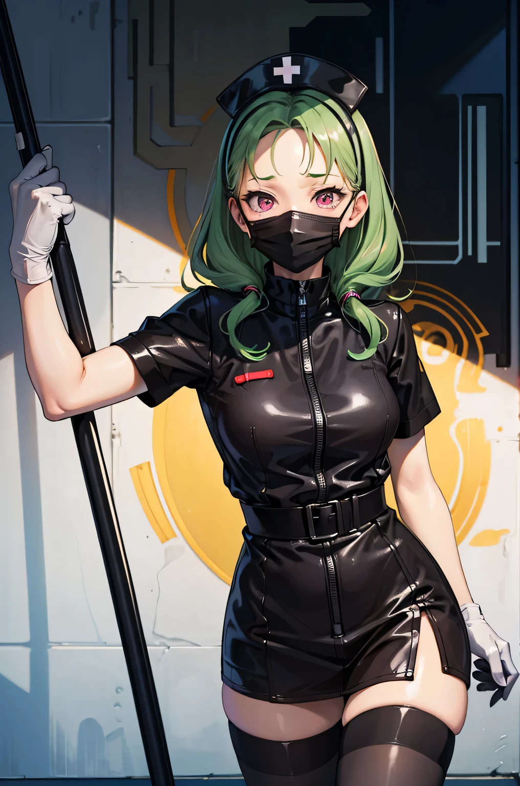 black nurse, 1 female, alone, black nurse cap, Black Wear, ((black legwear, zettai ryouiki)), black elbow gloves, amount, long hair, green hair, pink eyes, ((Black surgical mask, Covered nose)), Are standing, ((operating room)), sharp outline, short sleeve, mature woman, 35 years old, highest quality, masterpiece