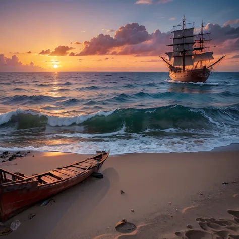 A narrow view of the sea in the evening with a large sunset and a junk ship.