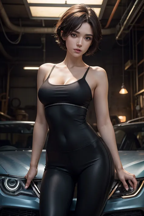 (masterpiece), (best quality), wide angle shooting, (oil painting), beautiful, sexy female mechanic, short hair, round eyes, det...