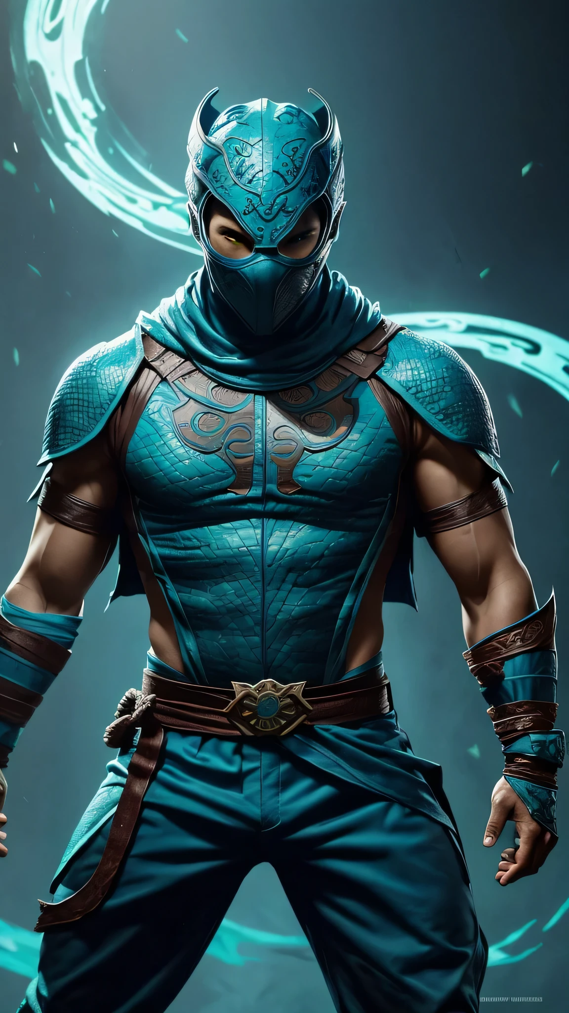 ((Daniel Wu)) as Chameleon from Mortal Kombat, (1boy), fighting standing, turquoise ninja outfit, (with reptilian motifs), (ninja mask covering his lower face), intricate, high detail, sharp focus, dramatic, photorealistic painting art by greg rutkowski