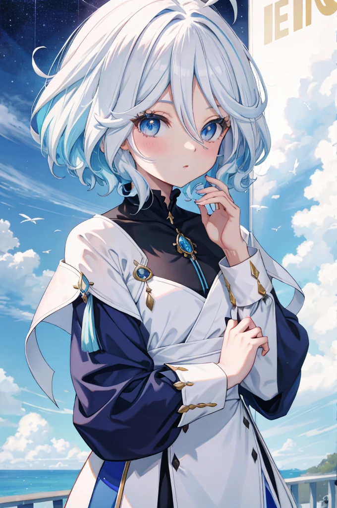 Furina  anime aux cheveux blancs e olhos azuis em um vestido branco, divindade de cheveux blancs, Portrait de fille, sweat-shirt, fille animée aux cheveux cosmiques, aux cheveux blancs, cheveux blancs, art numérique non pixiv, Un portrait animé de Cirno, Tendances sur ArtStation pixiv, perfeita de cheveux blancs, cheveux blancs, Un portrait d&#39;une personne aux yeux bleus