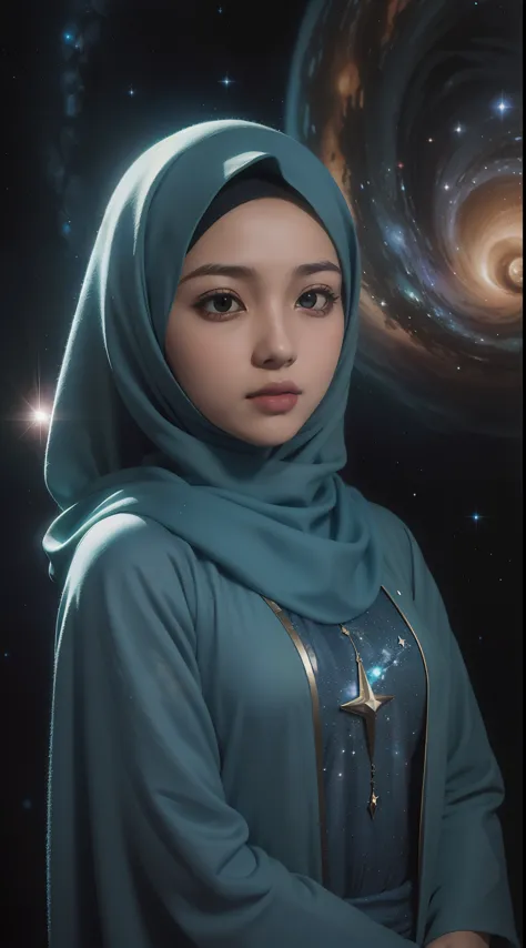 Craft a celestial-themed portrait of a Malay girl in hijab. Illuminate the hijab with stars and galaxies, blending the earthly with the cosmic in a mesmerizing and ethereal composition, 8mm, Close-up shot, cool-toned color grading, depth of field, film noi...