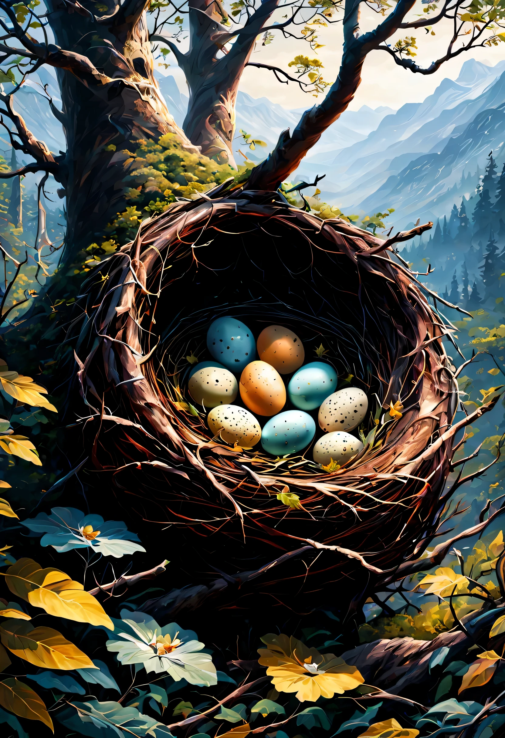 En lo profundo de las montañas y los bosques.¿Qué pájaros&#39;Huevos en el nido??.(mejor calidad, 4k, Alta resolución, obra maestra:1.2), Súper detallado,Surrealism