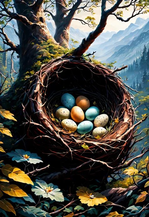 Deep in the mountains and forests.What birds&#39;Eggs in the nest?.(best quality, 4K, high resolution, masterpiece:1.2), super d...
